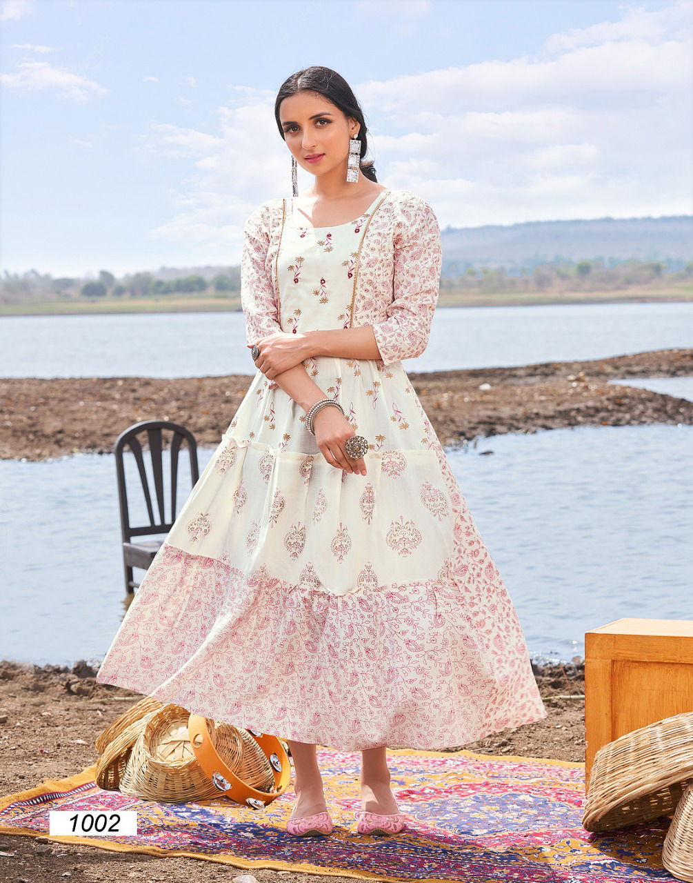 Banwery Fairy Stories 1 Rayon Printed Party Wear Long Anarakli Kurti Collection